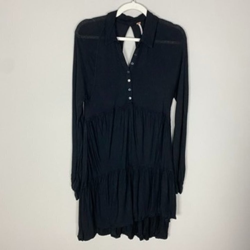 Free People Best Girl Tiered Tunic Dress Tiered Button Front Long Sleeves Collar